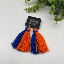 Load image into Gallery viewer, Medium length Royal blue and orange solid and Multi Colored Fringed sorority Tassel Earrings.