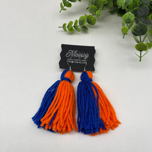 Medium length Royal blue and orange solid and Multi Colored Fringed sorority Tassel Earrings.