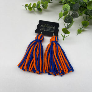 Medium length Royal blue and orange solid and Multi Colored Fringed sorority Tassel Earrings.