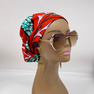 Niceroy surgical SCRUB HAT Cap, colorful Ankara Europe style Teal, Reddish orange African print fabric and satin lining option.