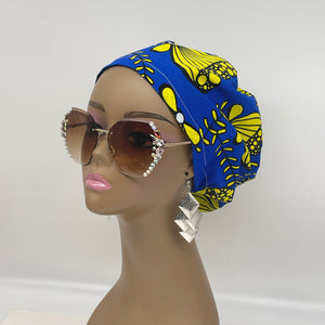 Niceroy surgical SCRUB HAT CAP,  Ankara Europe style nursing caps royal blue and Yellow African print fabric and satin lining option.