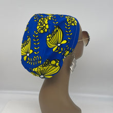 Load image into Gallery viewer, Niceroy surgical SCRUB HAT CAP,  Ankara Europe style nursing caps royal blue and Yellow African print fabric and satin lining option.