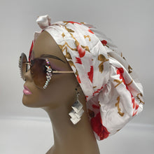 Load image into Gallery viewer, Reversible SATIN BONNET Head WRAP for healthy hair with edge wrap white Red Floral Bonnet