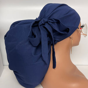 Adjustable 2XL JUMBO PONY SCRUB Cap, Navy Blue cotton surgical nursing hat satin lining option for Extra long/thick Hair/Locs