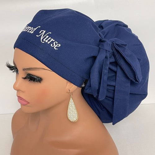 Adjustable 2XL JUMBO PONY Scrub Cap, Navy Blue RN cotton surgical nursing hat satin lining option for Extra long/thick Hair/Locs