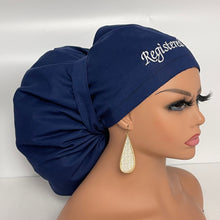 Load image into Gallery viewer, Adjustable 2XL JUMBO PONY Scrub Cap, Navy Blue RN cotton surgical nursing hat satin lining option for Extra long/thick Hair/Locs