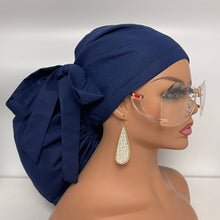 Load image into Gallery viewer, Adjustable 2XL JUMBO PONY SCRUB Cap, Navy Blue cotton surgical nursing hat satin lining option for Extra long/thick Hair/Locs