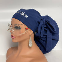 Load image into Gallery viewer, Adjustable 2XL JUMBO PONY Scrub Cap, Navy Blue RN cotton surgical nursing hat satin lining option for Extra long/thick Hair/Locs