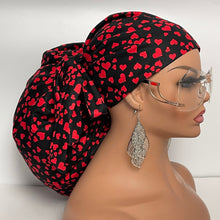 Load image into Gallery viewer, Adjustable 2XL JUMBO PONY SCRUB Cap black red heart love cotton fabric  nursing hat satin lining option for Extra long/thick Hair/Locs