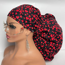 Load image into Gallery viewer, Adjustable 2XL JUMBO PONY SCRUB Cap black red heart love cotton fabric  nursing hat satin lining option for Extra long/thick Hair/Locs
