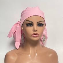 Load image into Gallery viewer, Adjustable 2XL JUMBO PONY SCRUB Cap, Baby Pink Solid cotton surgical nursing hat satin lining option for Extra long/thick Hair/Locs