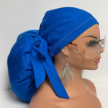Load image into Gallery viewer, Adjustable 2XL JUMBO PONY SCRUB Cap, Solid Royal Blue cotton fabric surgical nursing hat satin lining option for Extra long/thick Hair/Locs
