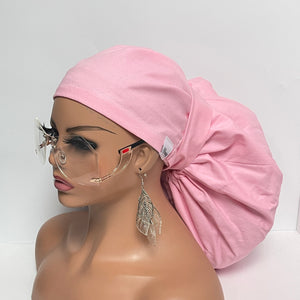 Adjustable 2XL JUMBO PONY SCRUB Cap, Baby Pink Solid cotton surgical nursing hat satin lining option for Extra long/thick Hair/Locs