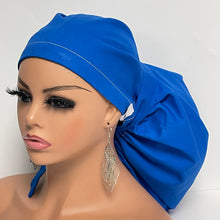 Load image into Gallery viewer, Adjustable 2XL JUMBO PONY SCRUB Cap, Solid Royal Blue cotton fabric surgical nursing hat satin lining option for Extra long/thick Hair/Locs