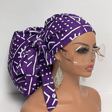 Load image into Gallery viewer, Adjustable 2XL JUMBO PONY SCRUB Cap, Purple White Black cotton fabric surgical nursing hat for Extra long/thick Hair/Locs